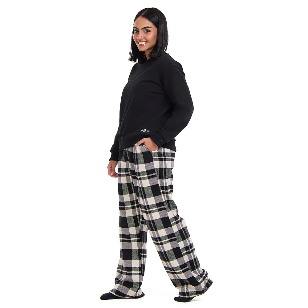 Women Winter Pajama Set Black Hoodie + Black x White Checkered Pants - Image 2