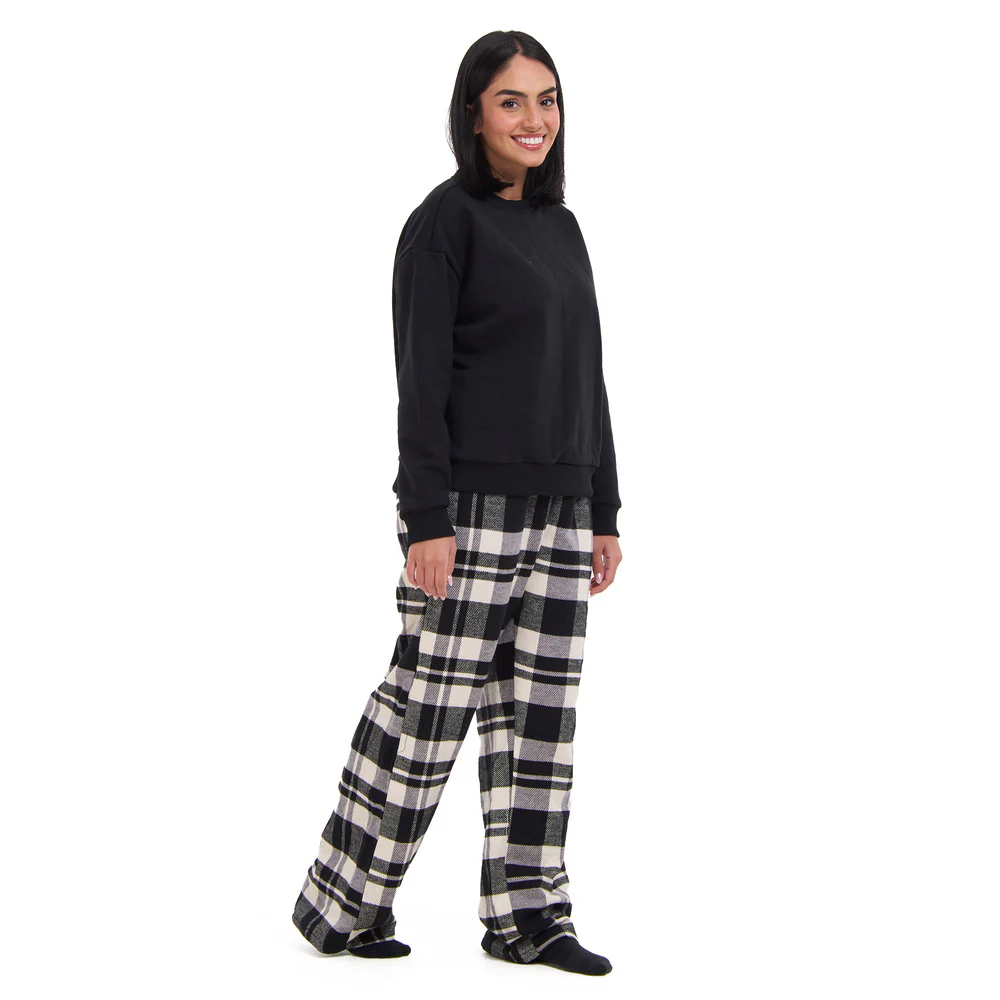 Women Winter Pajama Set Black Hoodie + Black x White Checkered Pants - Image 3