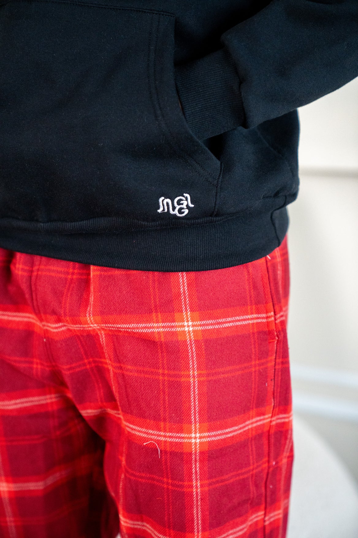 Women Winter Pajama Set Black Hoodie + Dark Red X White Checkered Pants - Image 3