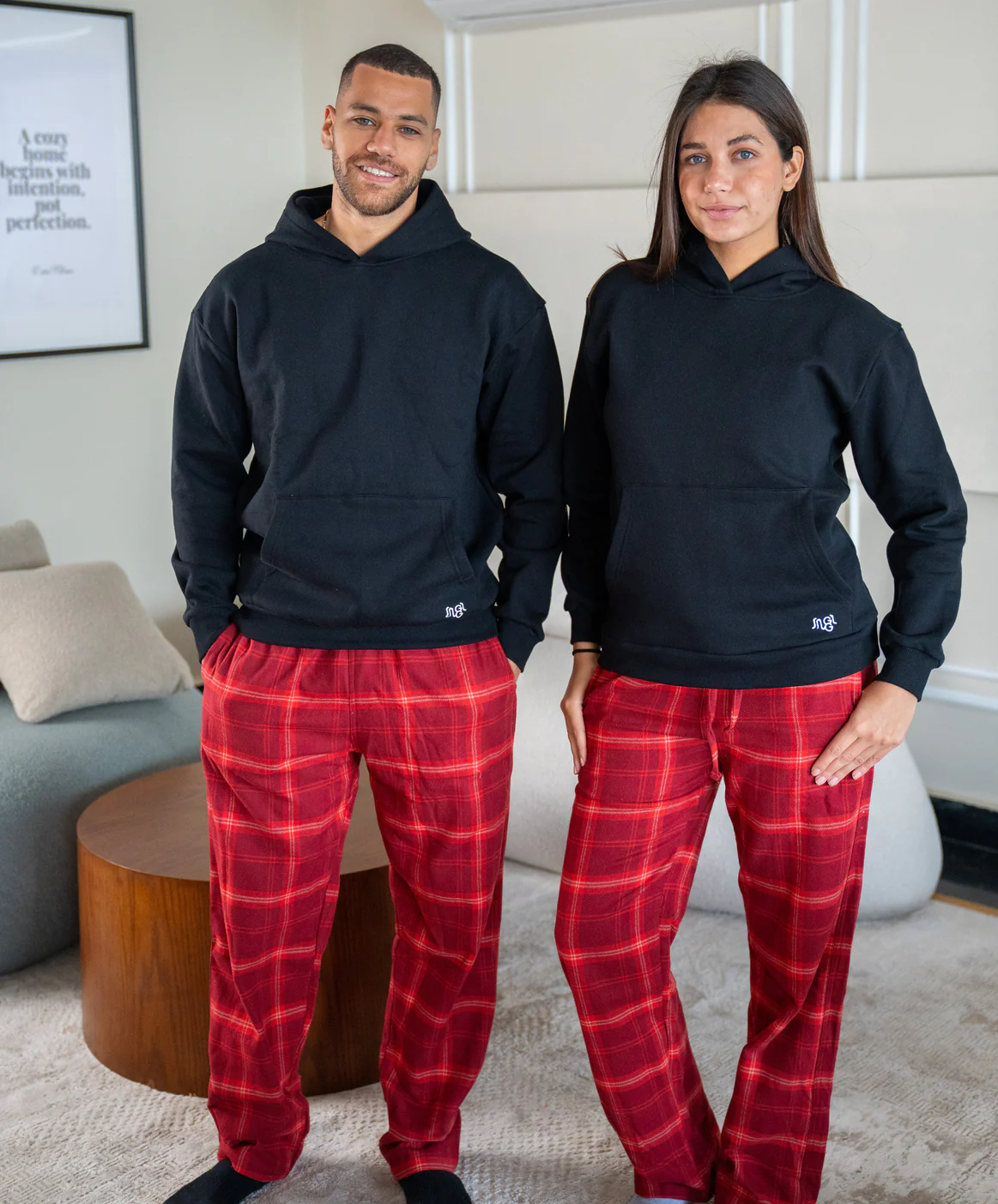 Women Winter Pajama Set Black Hoodie + Dark Red X White Checkered Pants - Image 4