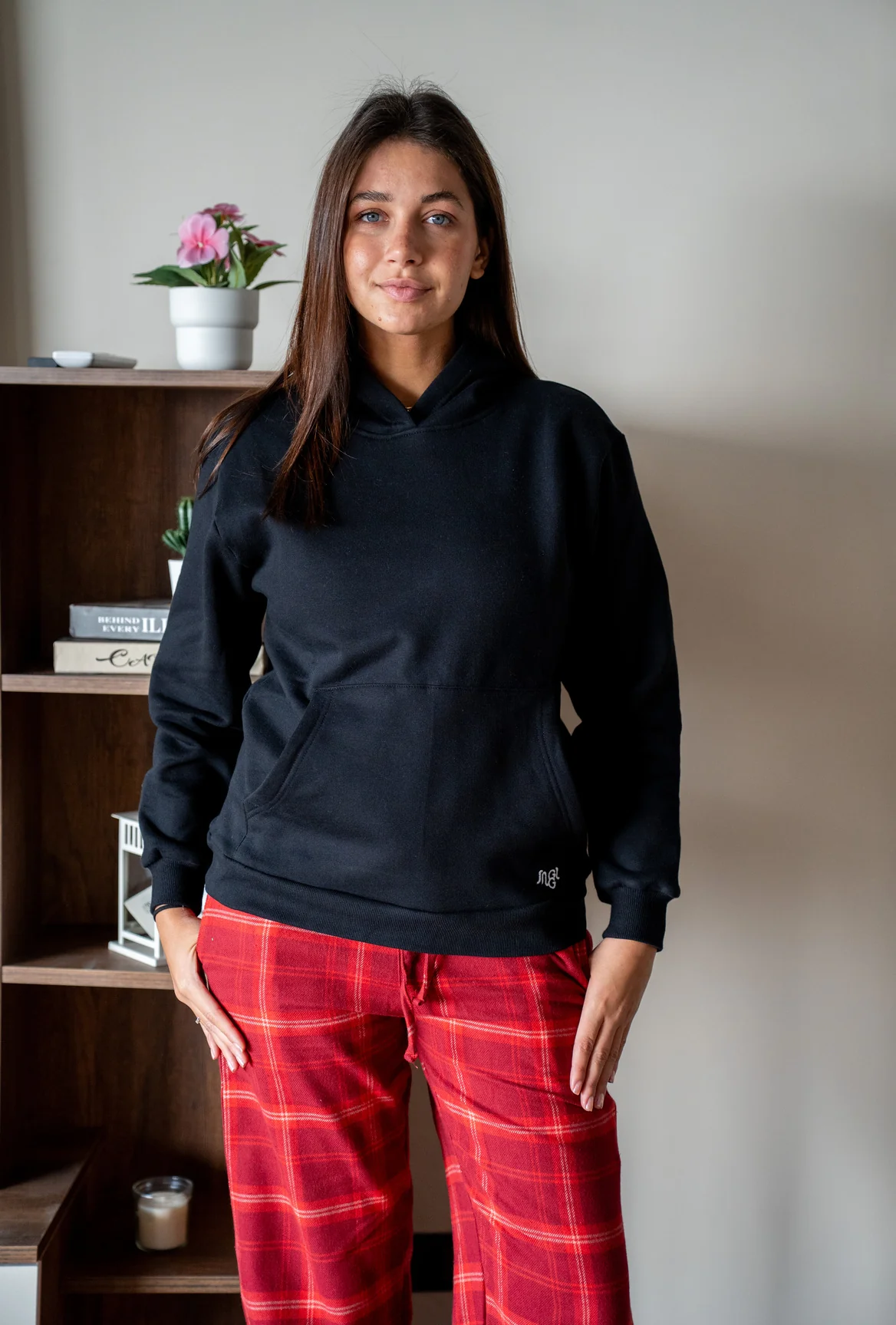 Women Winter Pajama Set Black Hoodie + Dark Red X White Checkered Pants - Image 5