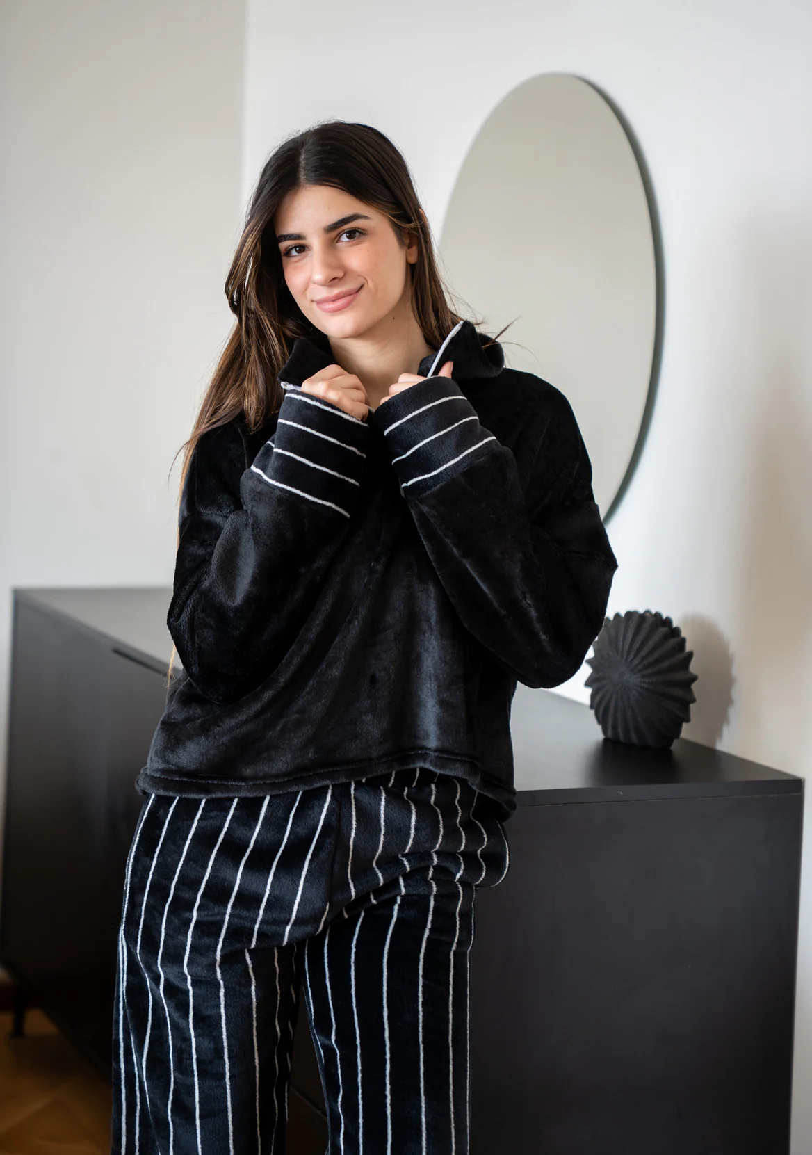 Women Winter Pajama Set Black sweatshirt + Stripes Pants - Image 2
