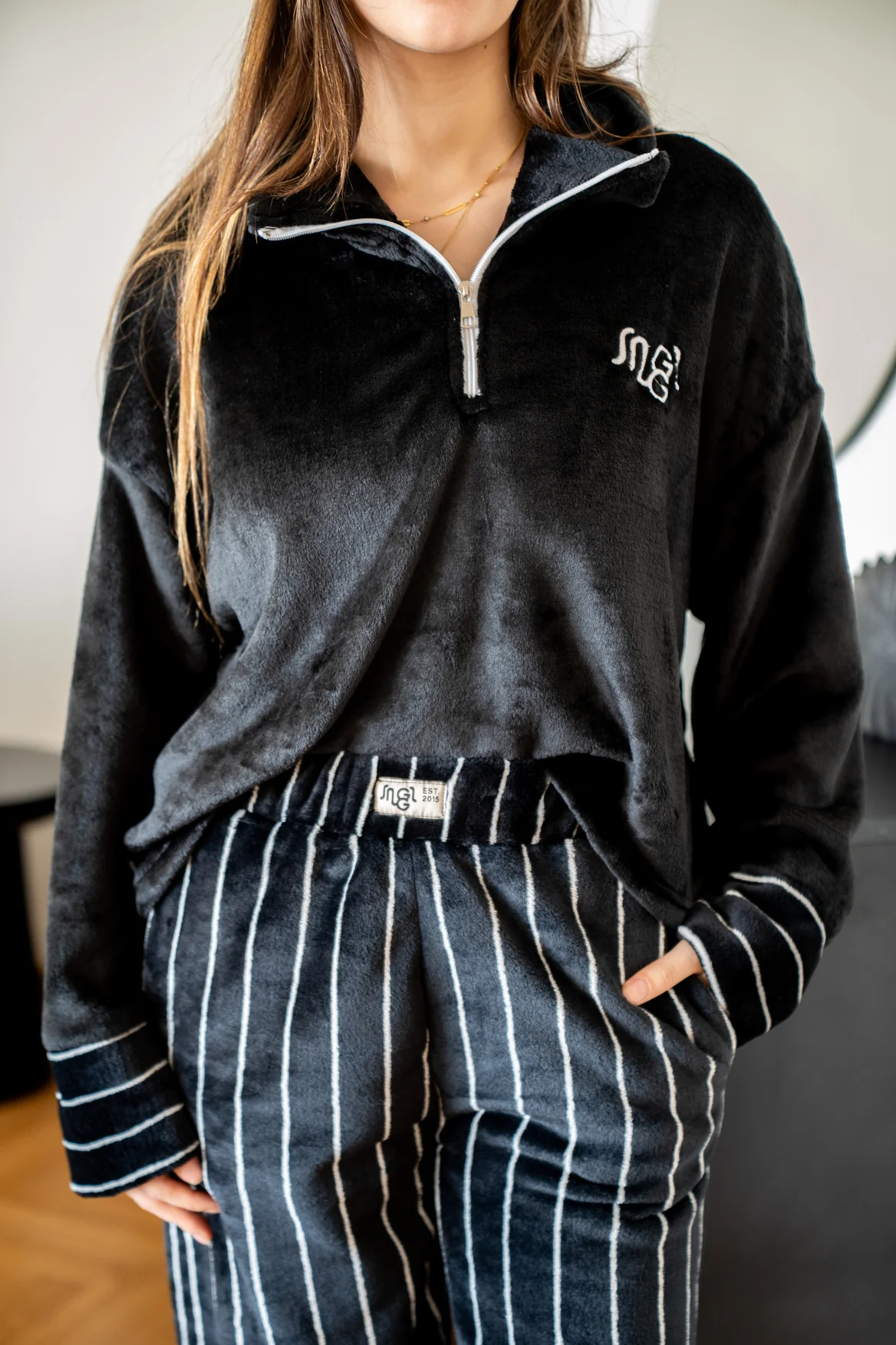 Women Winter Pajama Set Black sweatshirt + Stripes Pants - Image 3