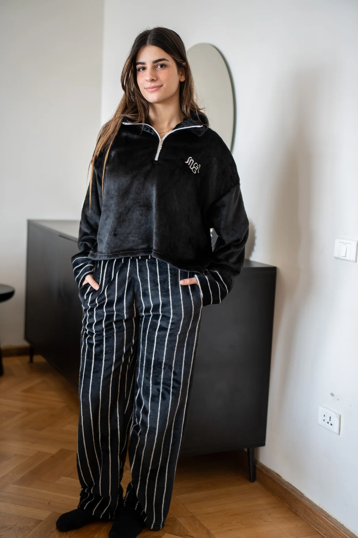 Women Winter Pajama Set Black sweatshirt + Stripes Pants - Image 4