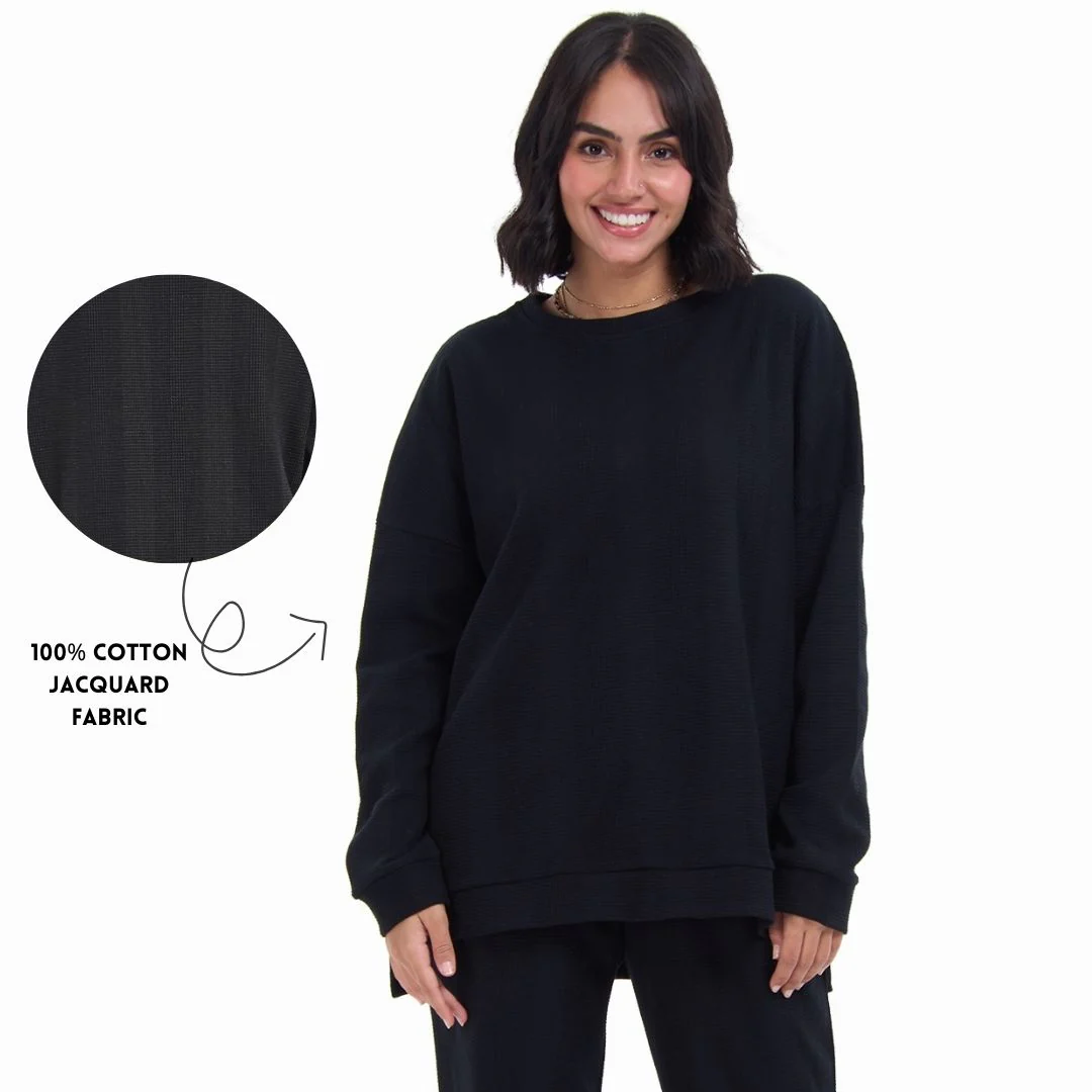 Women Winter Pajama Set Black jacquard Oversized Sweatshirt + Pants - Image 2
