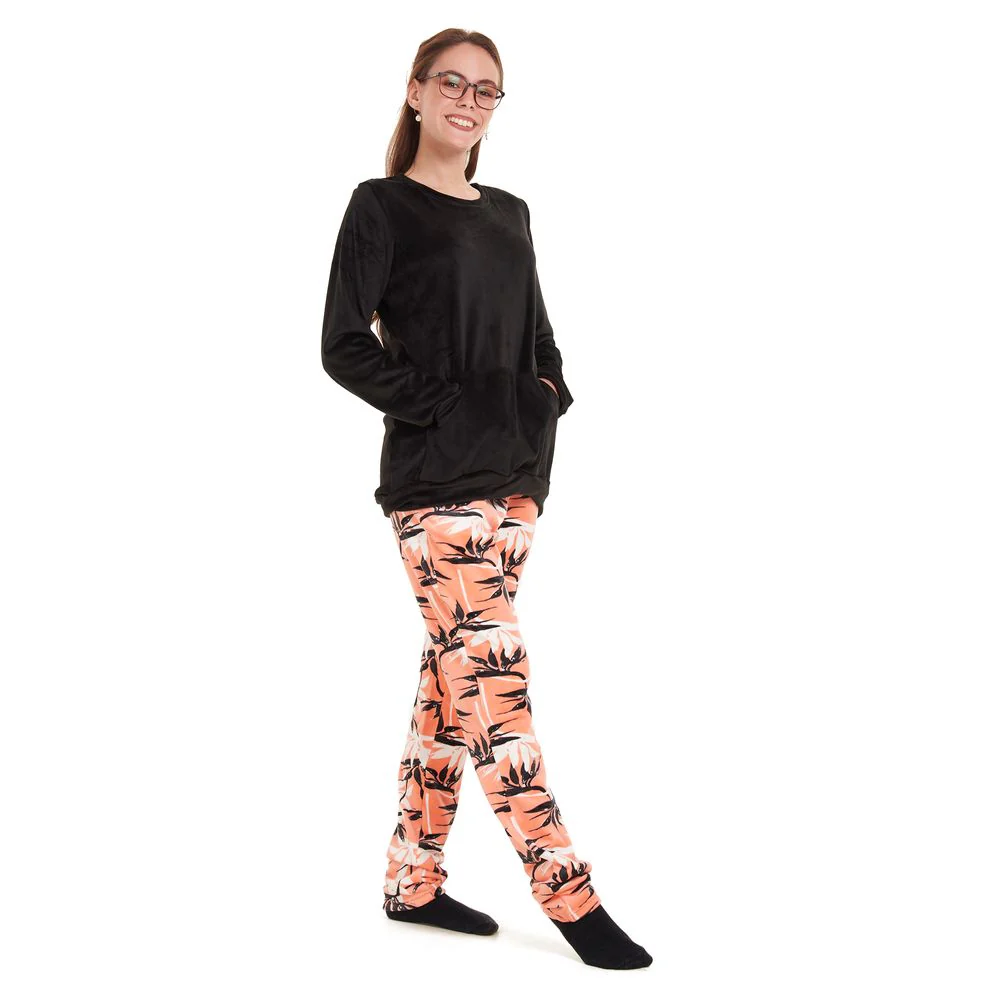 Women Winter Pajama Set Black Sweatshirt +Orange leaves Pants - Image 2