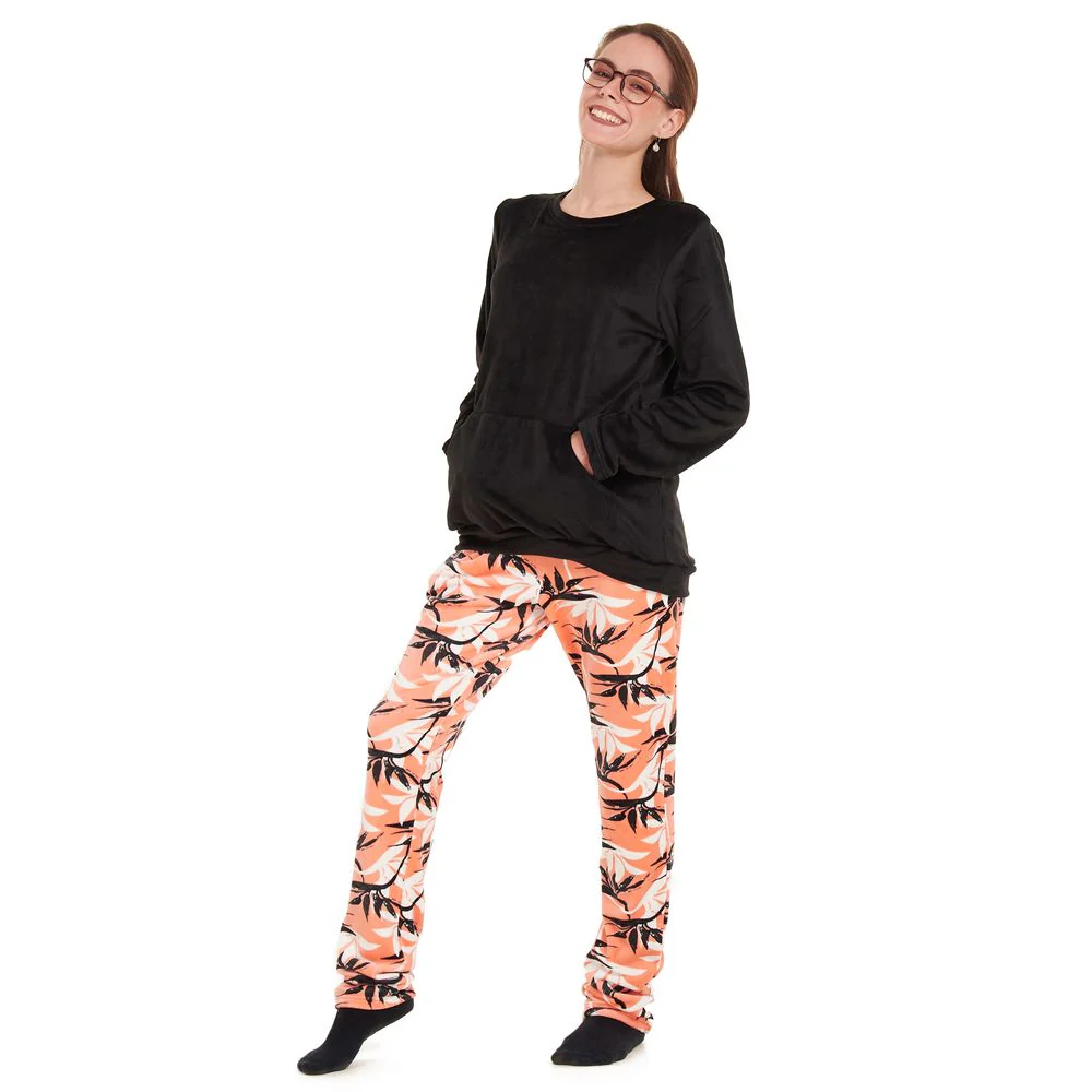 Women Winter Pajama Set Black Sweatshirt +Orange leaves Pants - Image 3