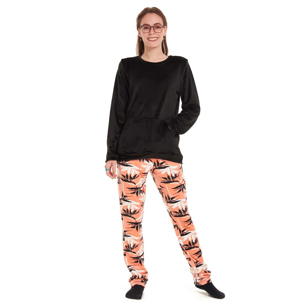 Women Winter Pajama Set Black Sweatshirt +Orange leaves Pants - Image 5