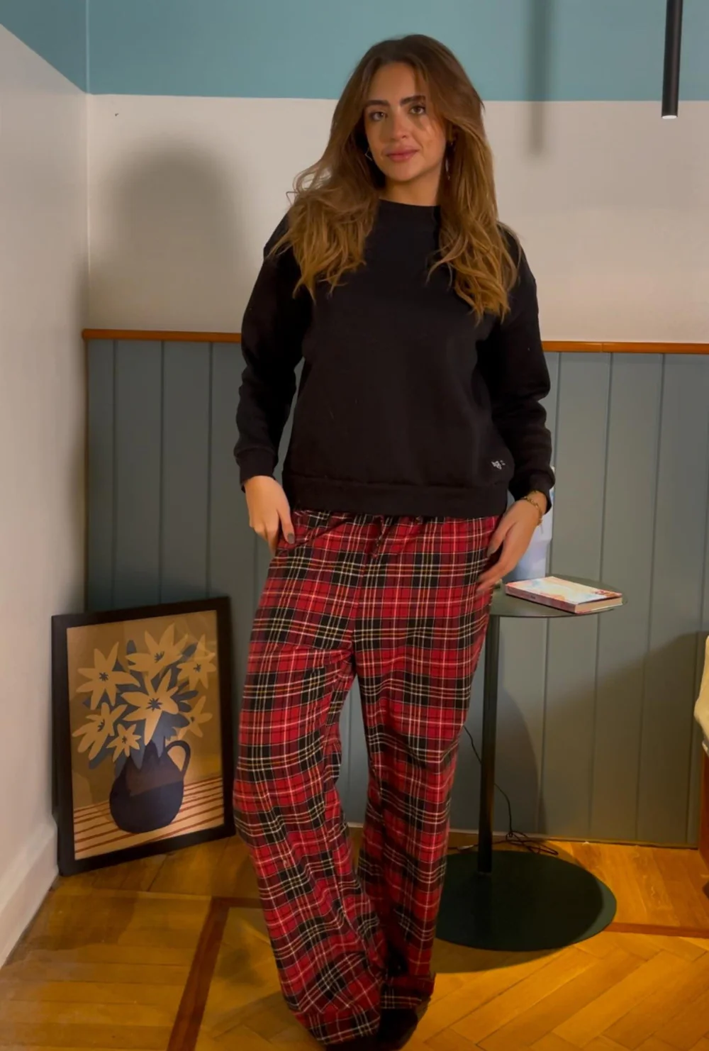 Women Winter Pajama Set Black Sweatshirt + Red x Black Checkered Pants - Image 2