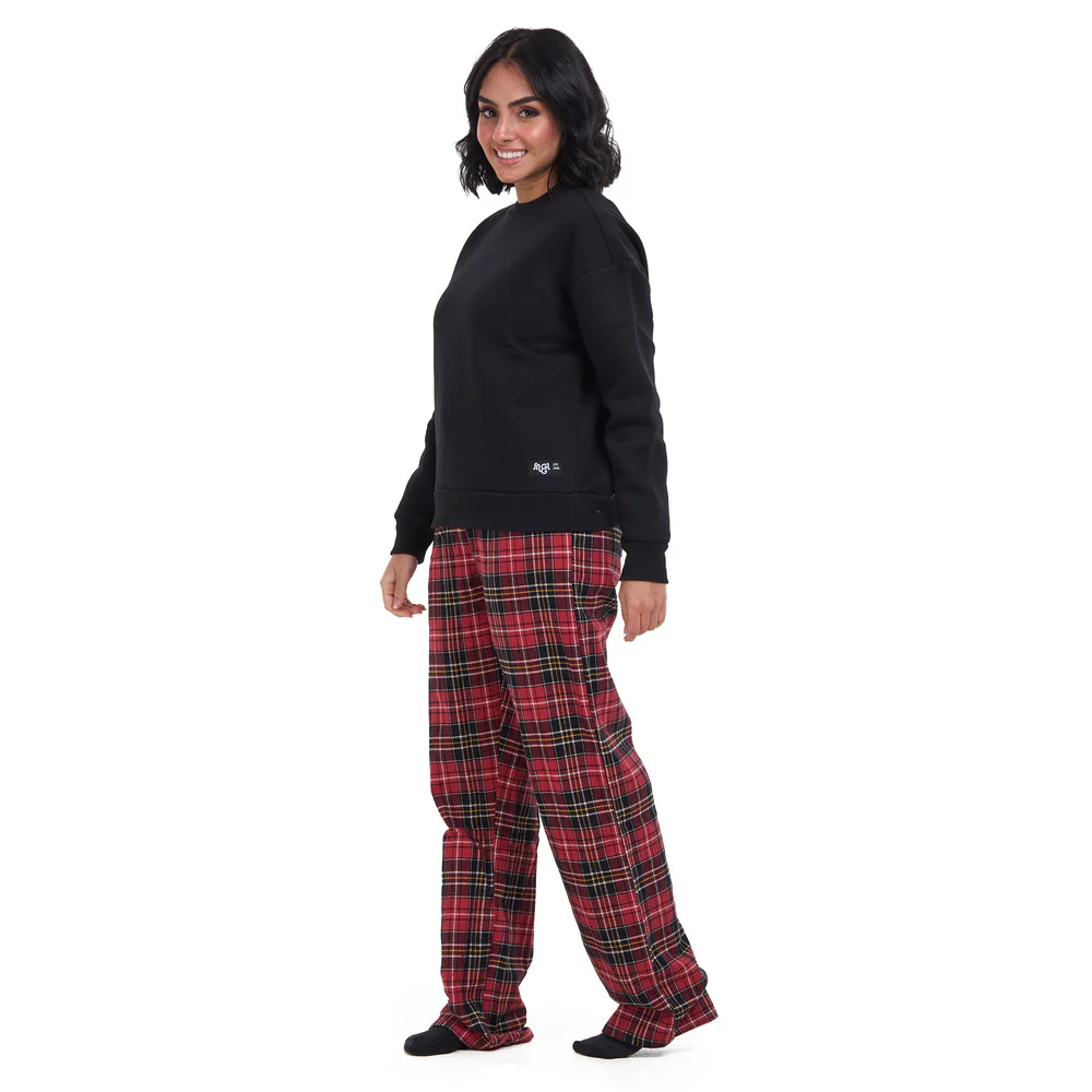 Women Winter Pajama Set Black Sweatshirt + Red x Black Checkered Pants - Image 3