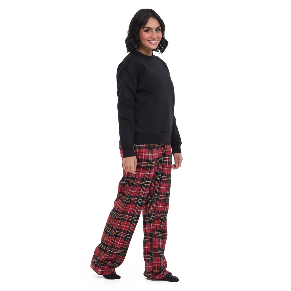 Women Winter Pajama Set Black Sweatshirt + Red x Black Checkered Pants - Image 4