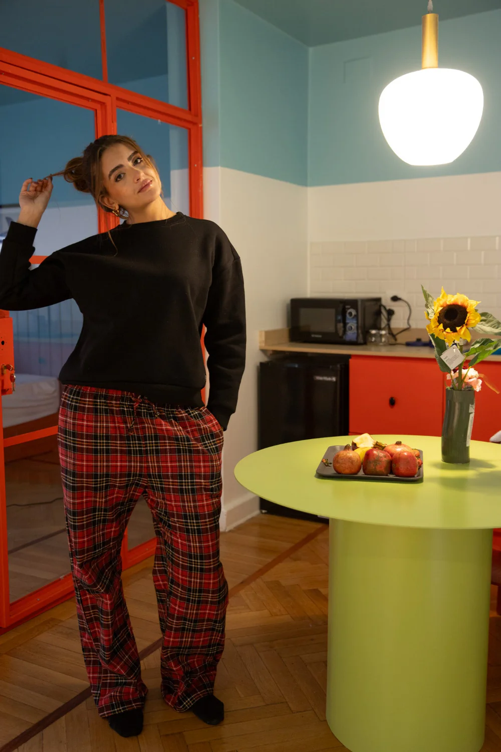 Women Winter Pajama Set Black Sweatshirt + Red x Black Checkered Pants - Image 6