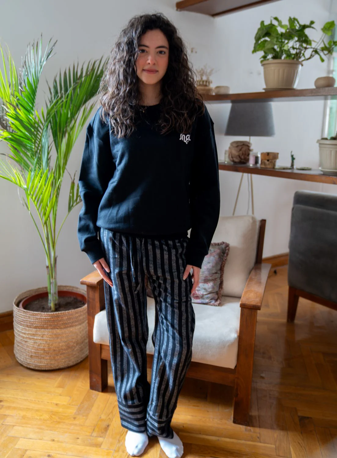 Women Winter Pajama Set Black Top+ Stripes Pants - Image 3