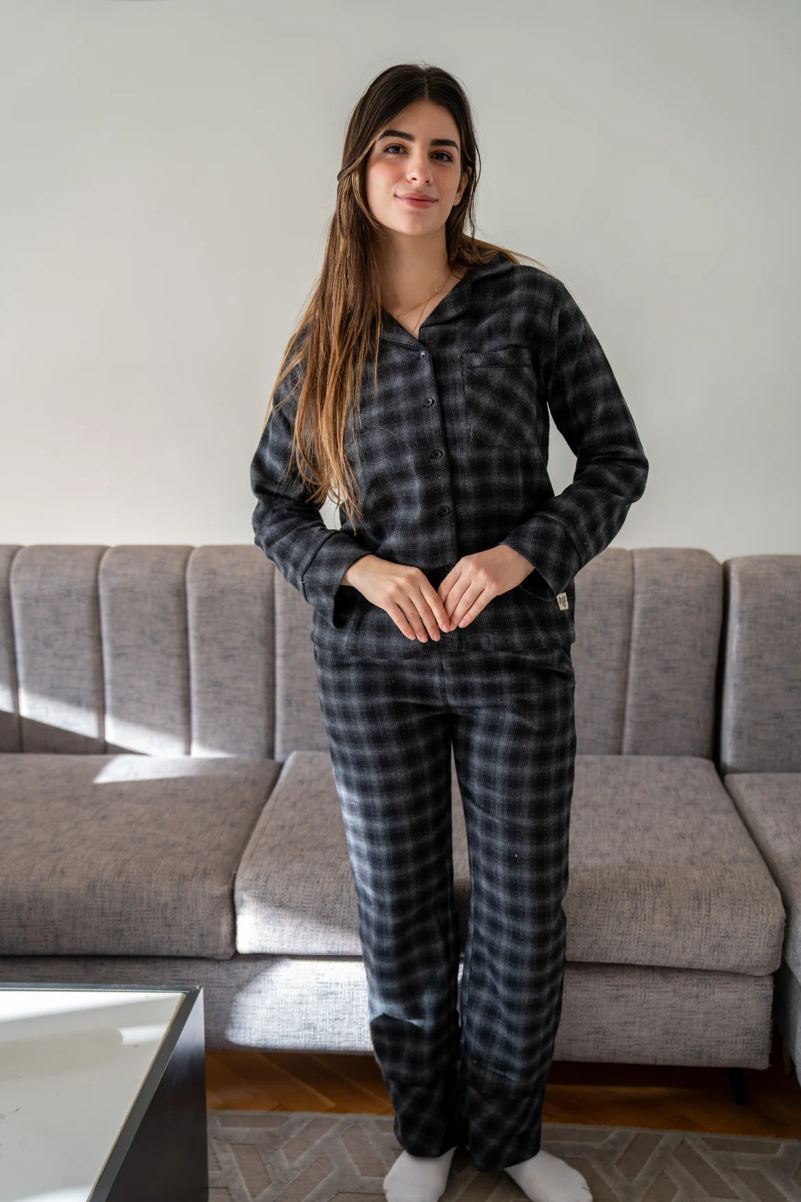 Women Winter Pajama Set Black x Grey Checkered buttoned sweatshirt + pants - Image 3
