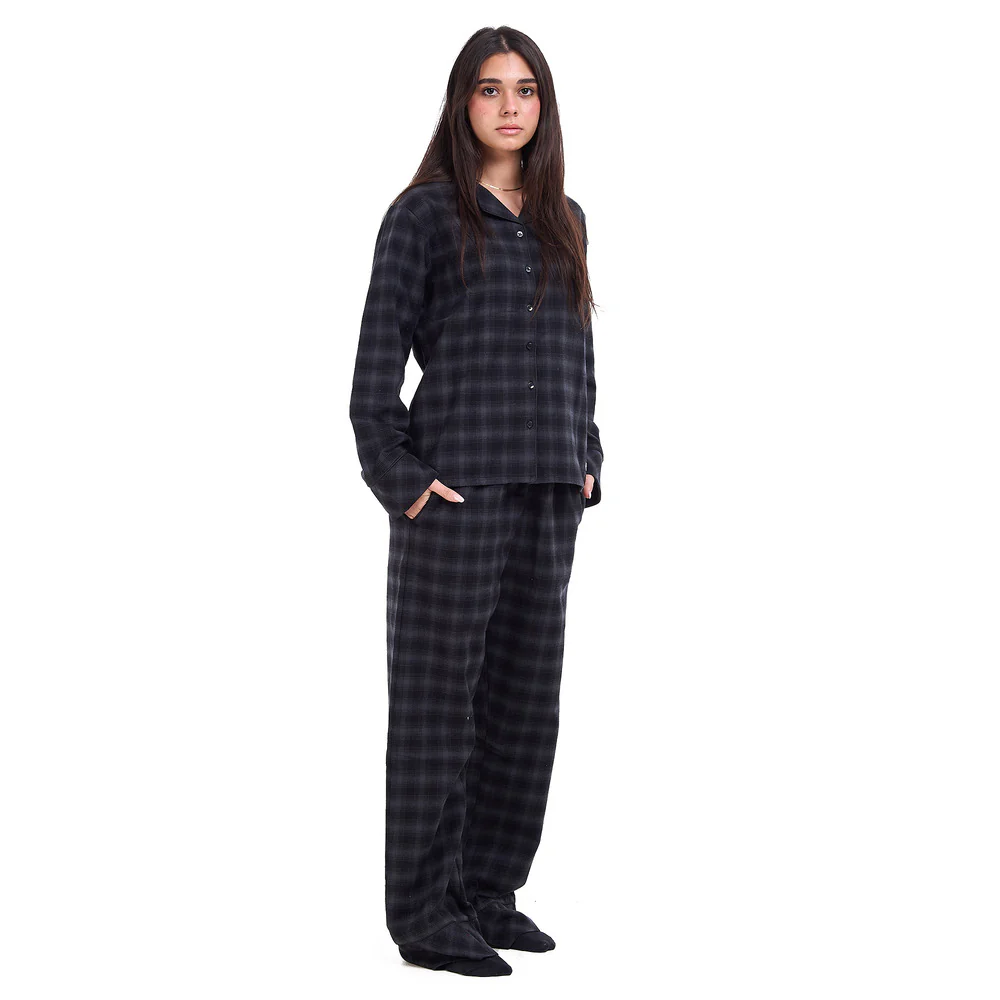 Women Winter Pajama Set Black x Grey Checkered buttoned sweatshirt + pants - Image 5