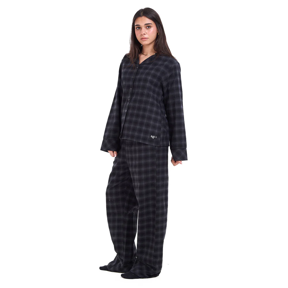 Women Winter Pajama Set Black x Grey Checkered buttoned sweatshirt + pants - Image 7