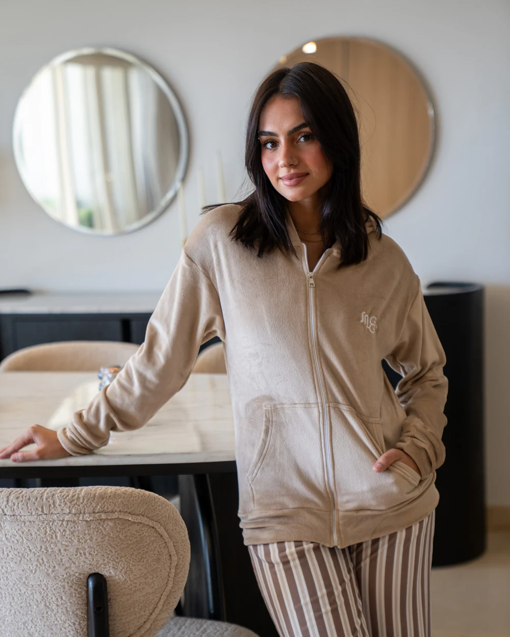 Women Winter Pajama Set Café Sweatshirt + Café X White Striped pants - Image 2