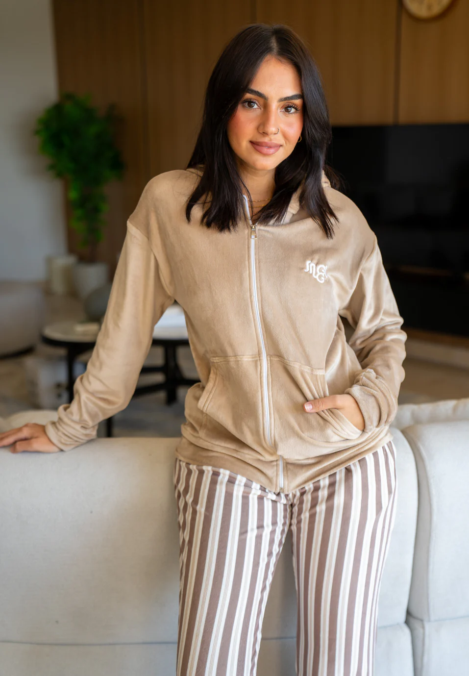 Women Winter Pajama Set Café Sweatshirt + Café X White Striped pants - Image 3