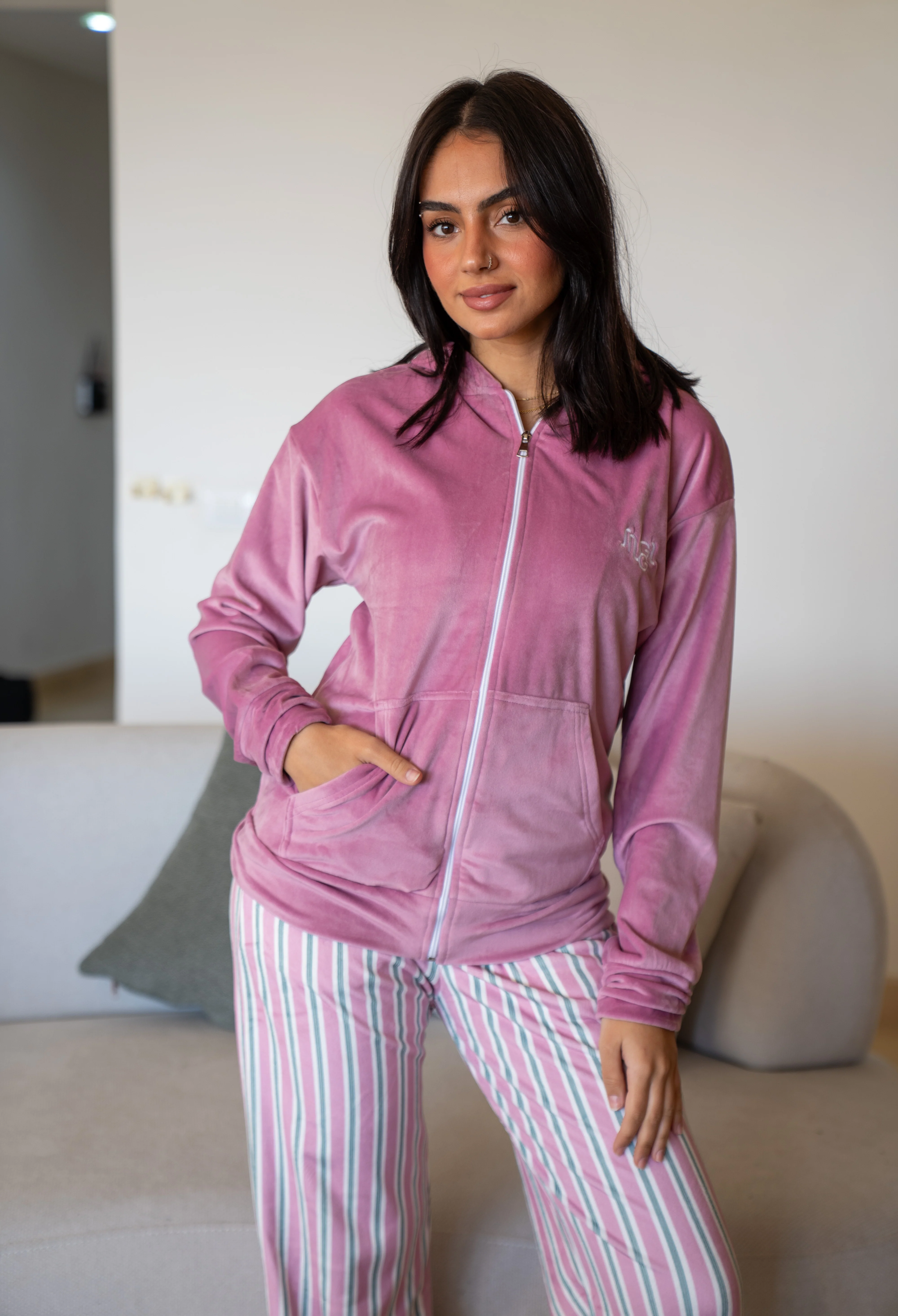 Women Winter Pajama Set Cashmere Sweatshirt + Cashmere X White Striped pants - Image 3