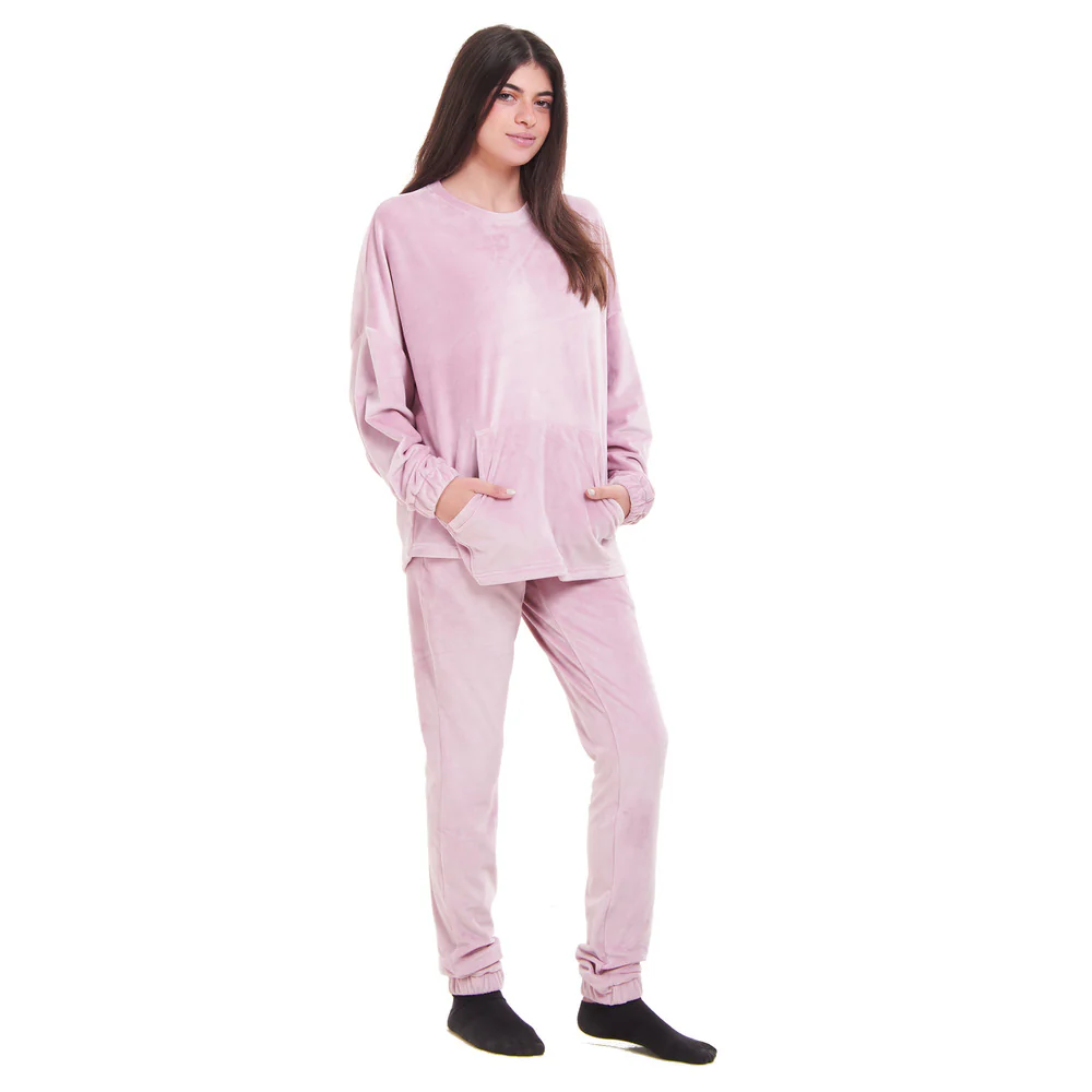 Women Winter Pajama Set Light mauve Sweatshirt + Pants - Image 3