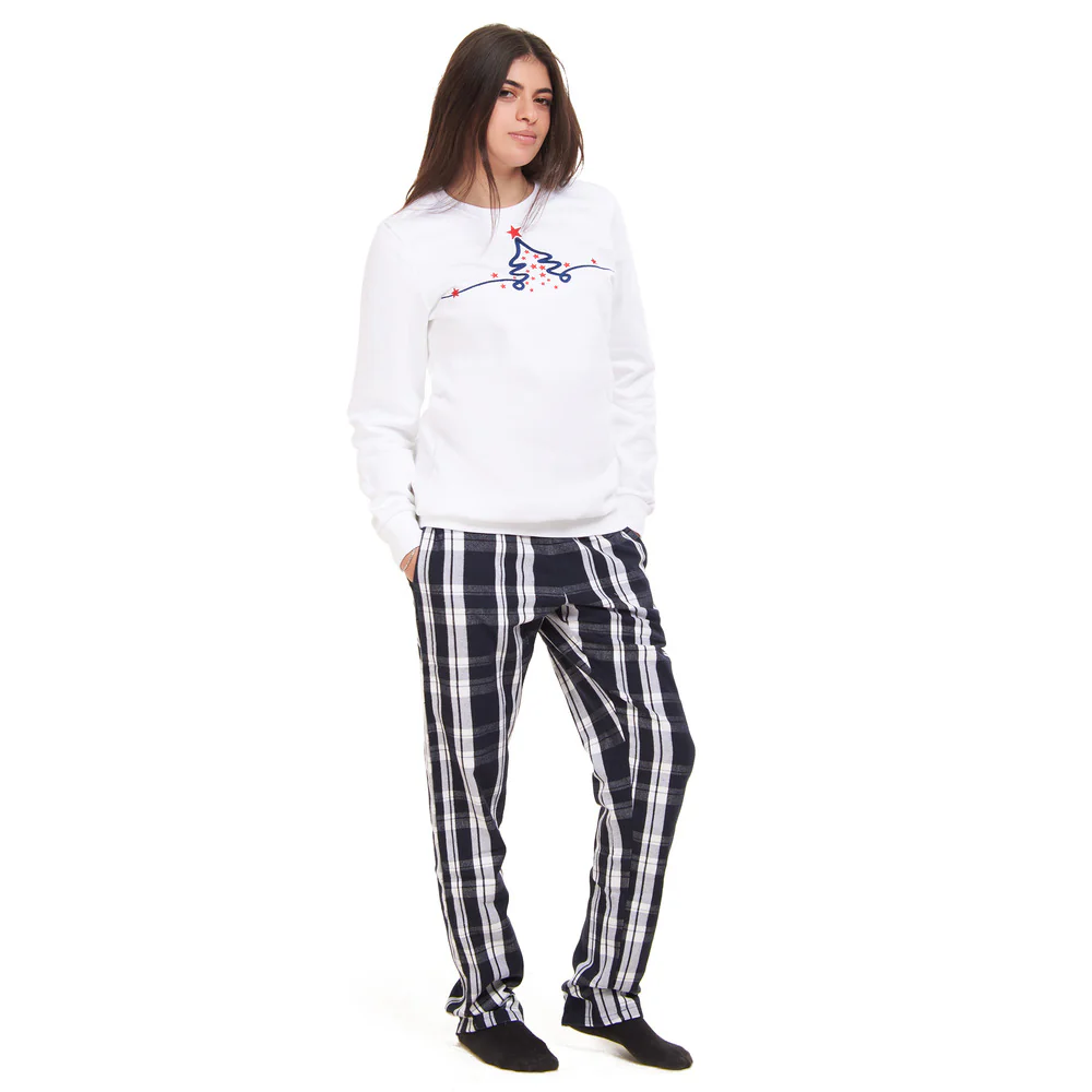 Women Winter Pajama Set Christmas Tree Sweatshirt + Black x White Checkered Pants - Image 3