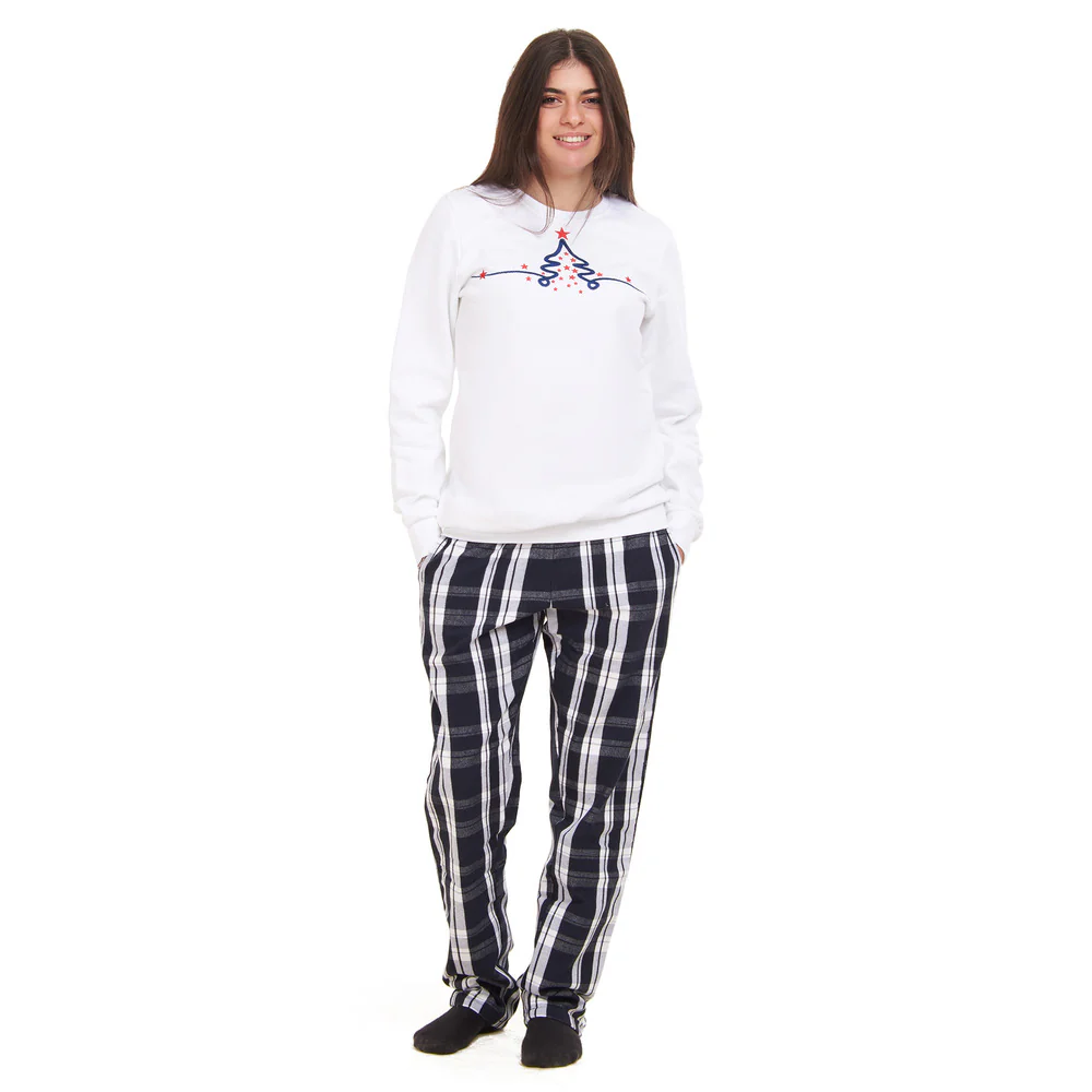 Women Winter Pajama Set Christmas Tree Sweatshirt + Black x White Checkered Pants - Image 4