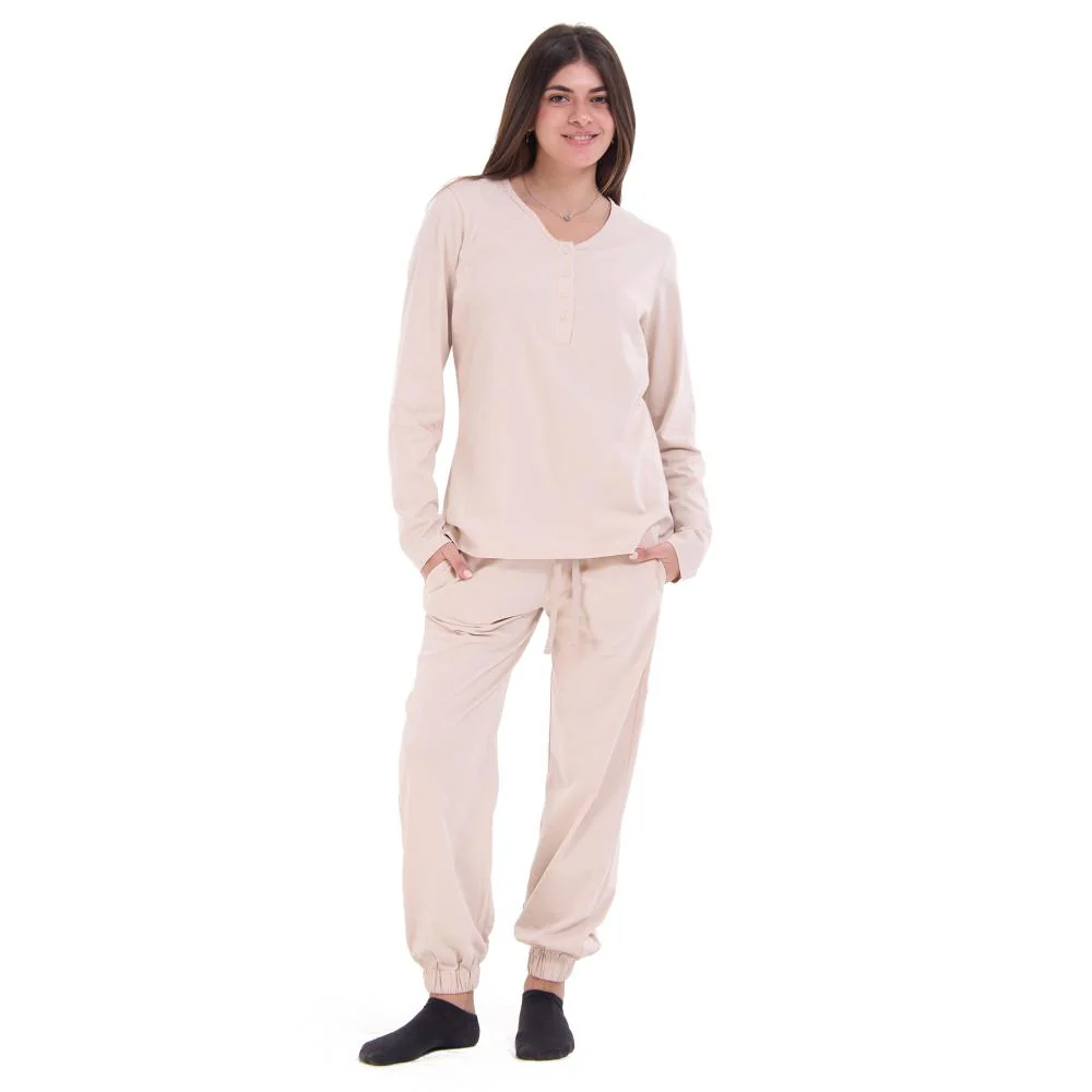Women Fall Pajama Set Cream buttoned sweatshirt + pants - Image 2