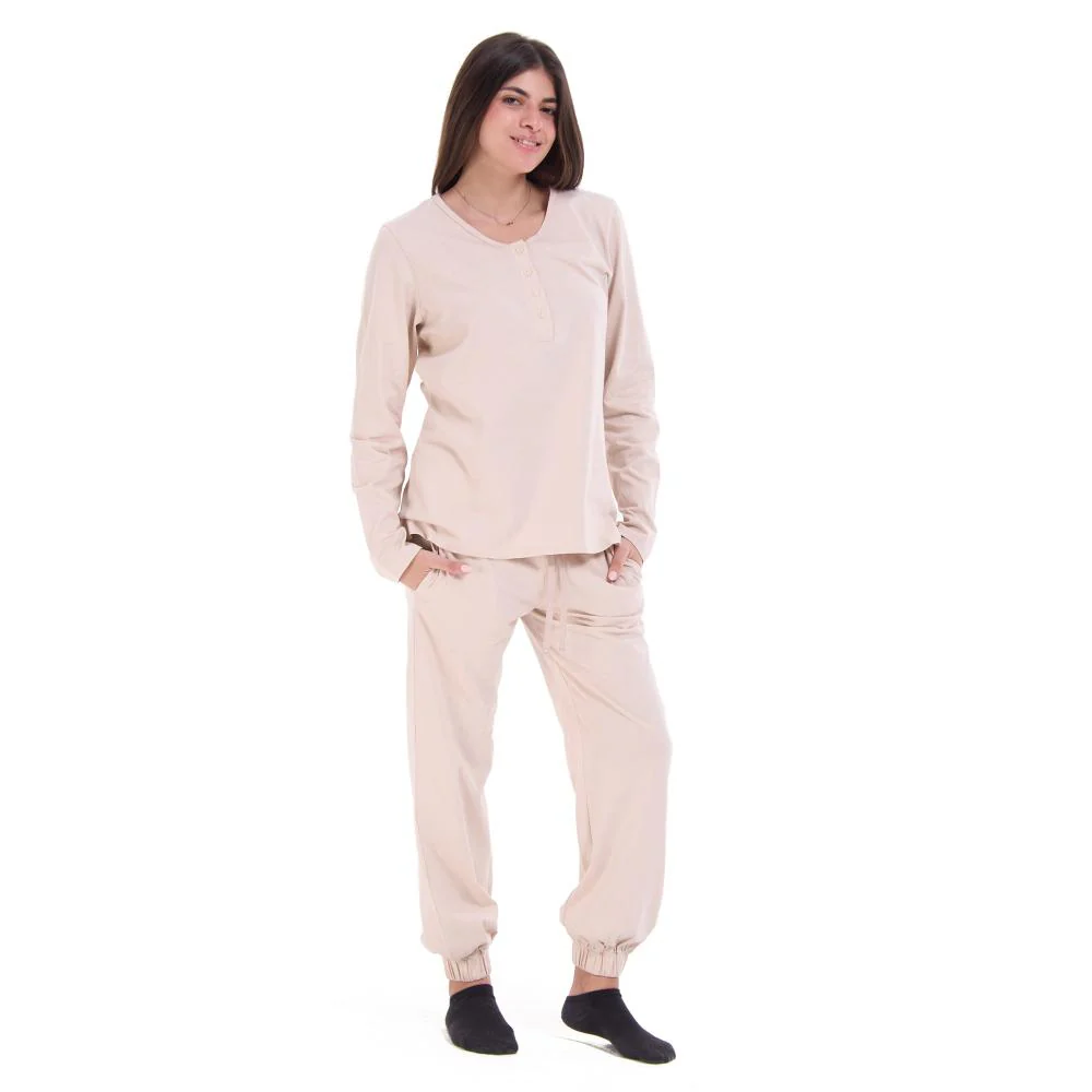Women Fall Pajama Set Cream buttoned sweatshirt + pants - Image 3