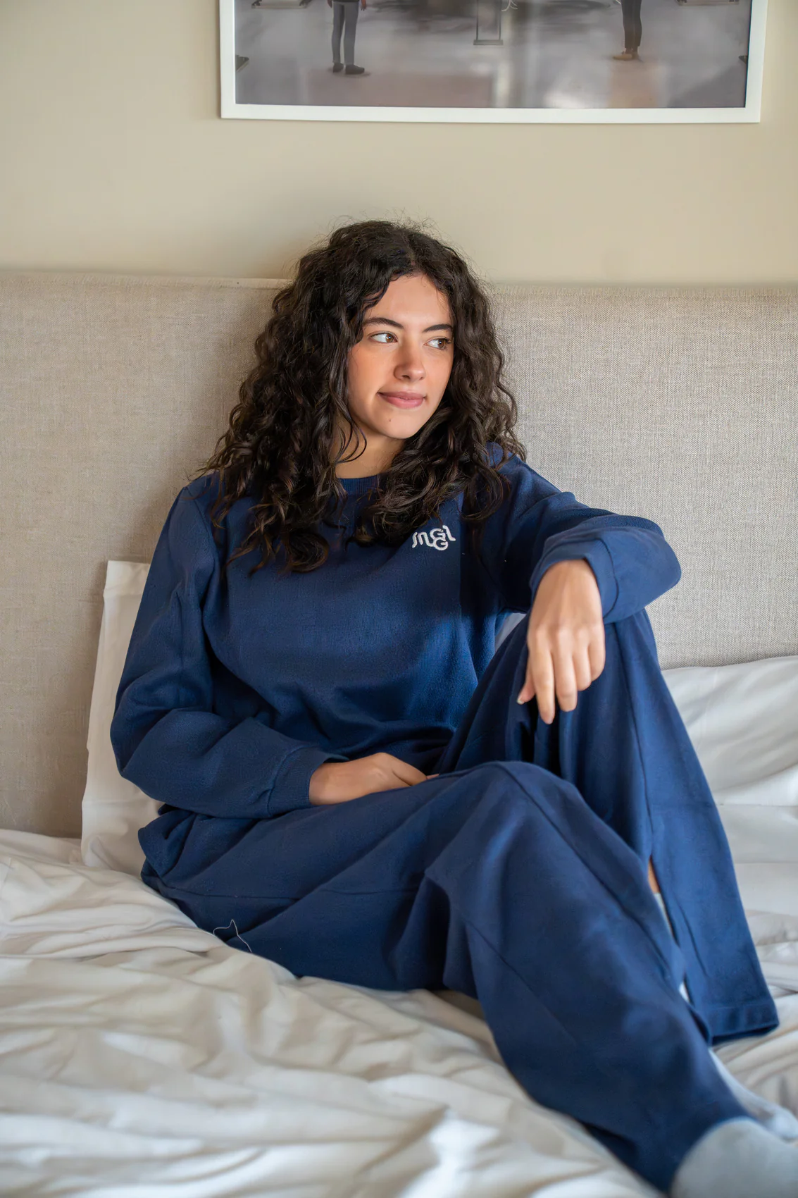 Women Winter Pajama Set Crown Blue cropped Sweatshirt + Pants - Image 2