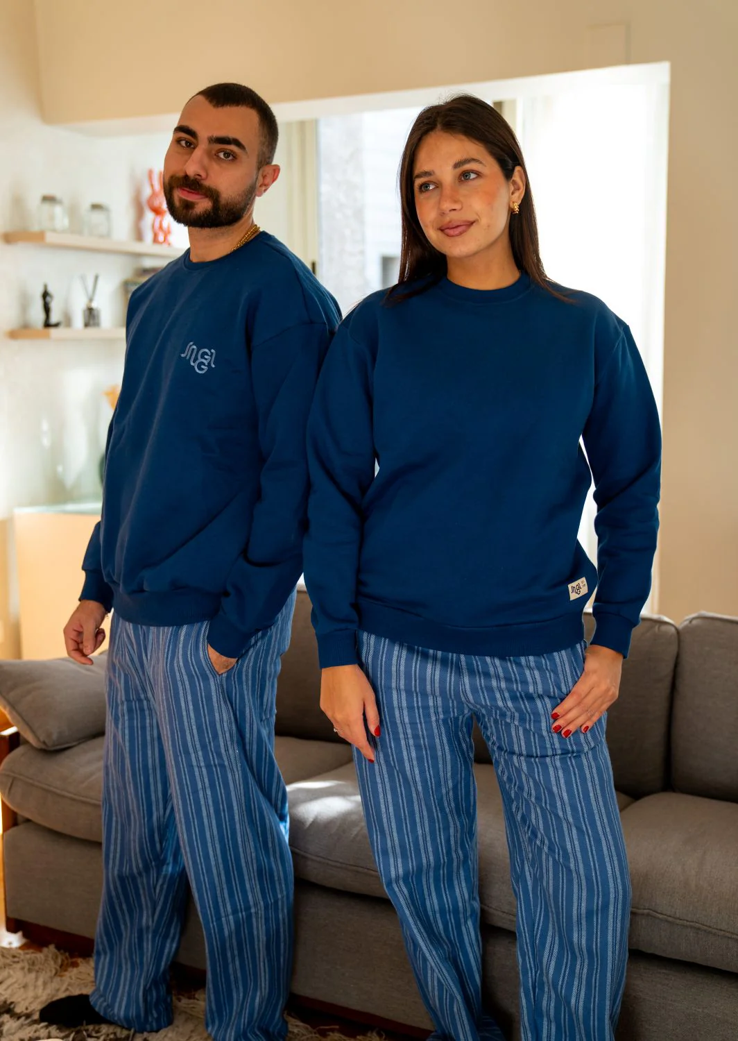 Women Winter Pajama Set Dark Blue Top+ Dark Blue X Light Blue Striped Pants - Image 3