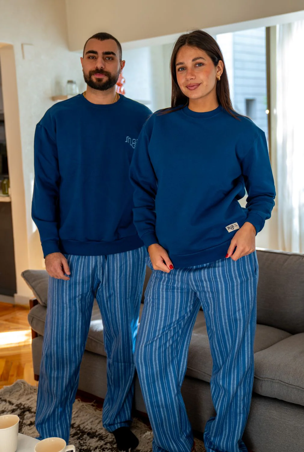 Women Winter Pajama Set Dark Blue Top+ Dark Blue X Light Blue Striped Pants - Image 4