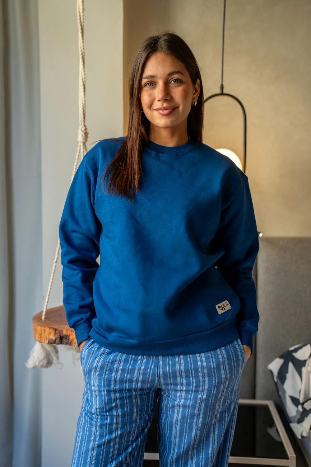 Women Winter Pajama Set Dark Blue Top+ Dark Blue X Light Blue Striped Pants - Image 5