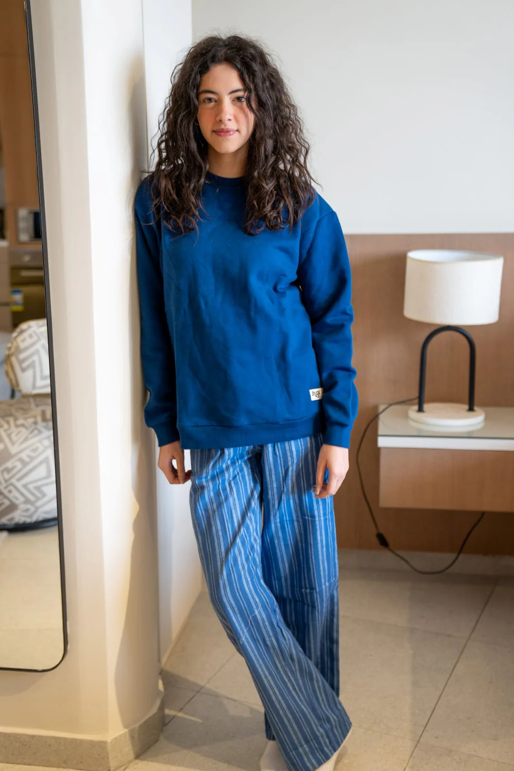 Women Winter Pajama Set Dark Blue Top+ Dark Blue X Light Blue Striped Pants - Image 6