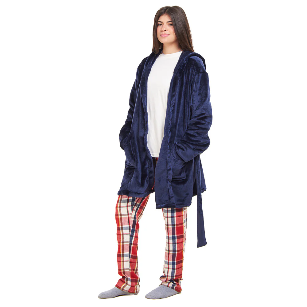 Women Winter Pajama Set Dark blue Robe + Red x Dark Blue Checkered Pants - Image 2