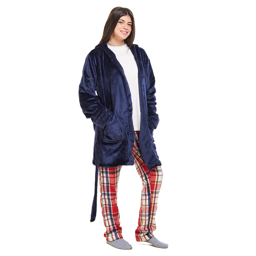 Women Winter Pajama Set Dark blue Robe + Red x Dark Blue Checkered Pants - Image 3