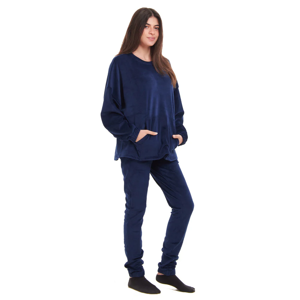 Women Winter Pajama Set Dark Blue Sweatshirt + Pants - Image 2