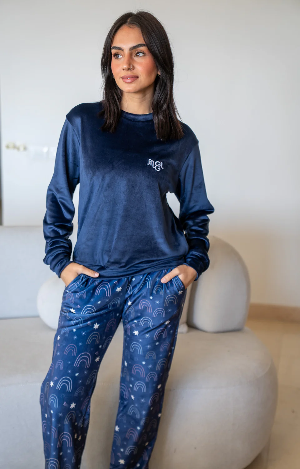 Women Winter Pajama Set Dark Blue Top + Stars Pants - Image 3