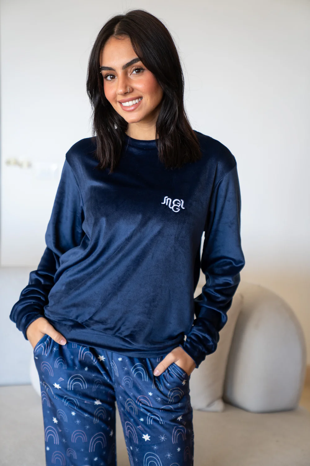 Women Winter Pajama Set Dark Blue Top + Stars Pants - Image 4
