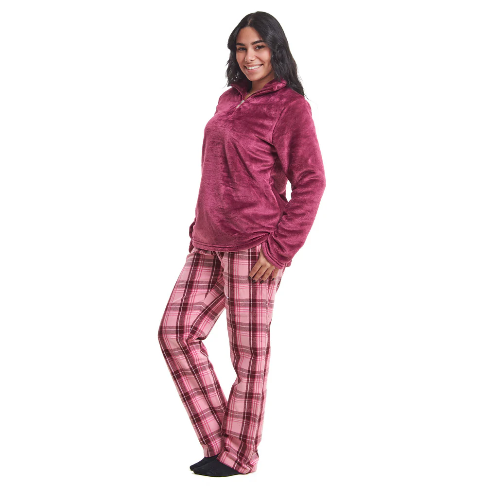Women Winter Pajama Set Dark Fuchsia Sweatshirt + Maroon x Pink Checkered Pants - Image 2