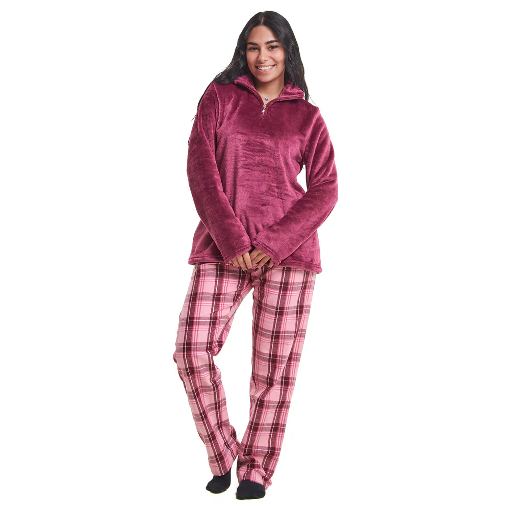 Women Winter Pajama Set Dark Fuchsia Sweatshirt + Maroon x Pink Checkered Pants - Image 4