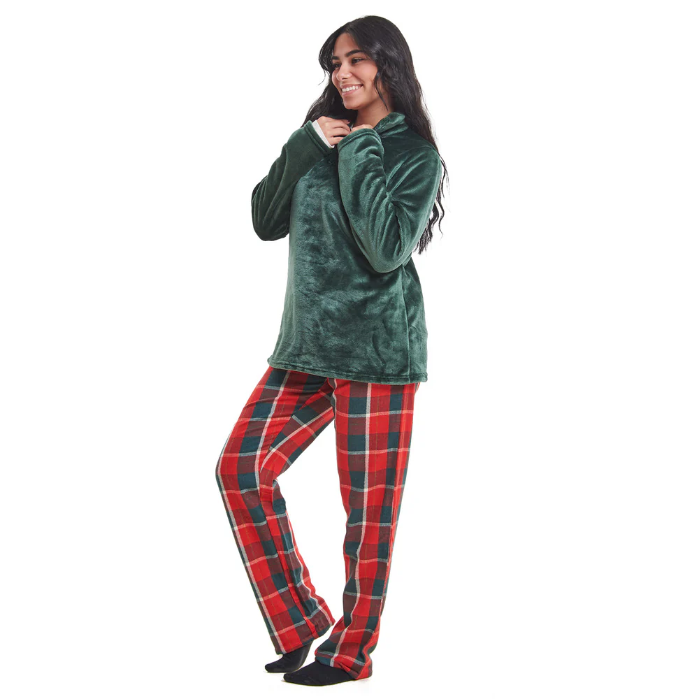 Women Winter Pajama Set Dark Green Sweatshirt + Dark Green x Red Checkered Pants - Image 2