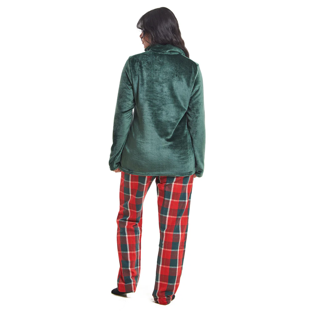 Women Winter Pajama Set Dark Green Sweatshirt + Dark Green x Red Checkered Pants - Image 3