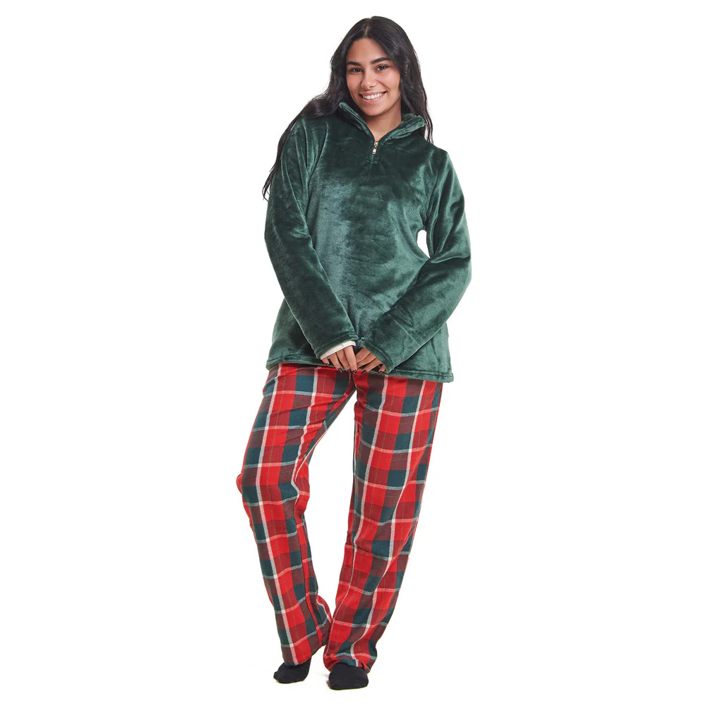 Women Winter Pajama Set Dark Green Sweatshirt + Dark Green x Red Checkered Pants - Image 4