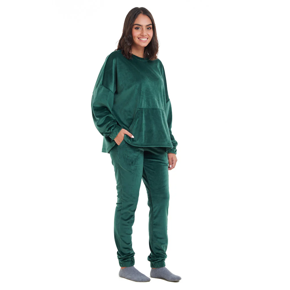Women Winter Pajama Set Dark green Sweatshirt + Pants - Image 2