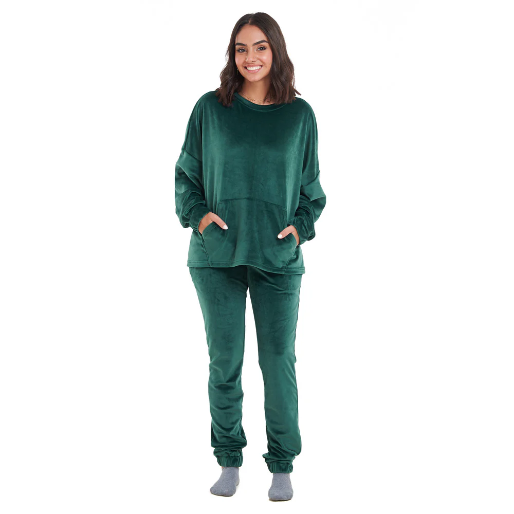 Women Winter Pajama Set Dark green Sweatshirt + Pants - Image 4