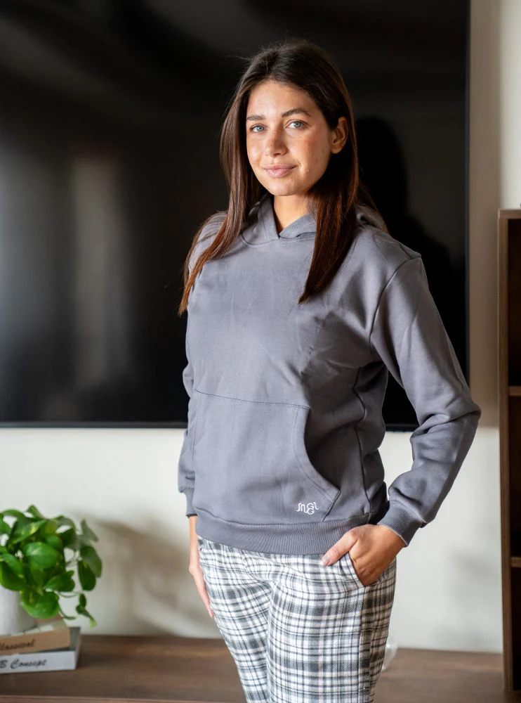 Women Winter Pajama Set Dark Grey Hoodie + Dark Grey X White Checkered  Pants - Image 3