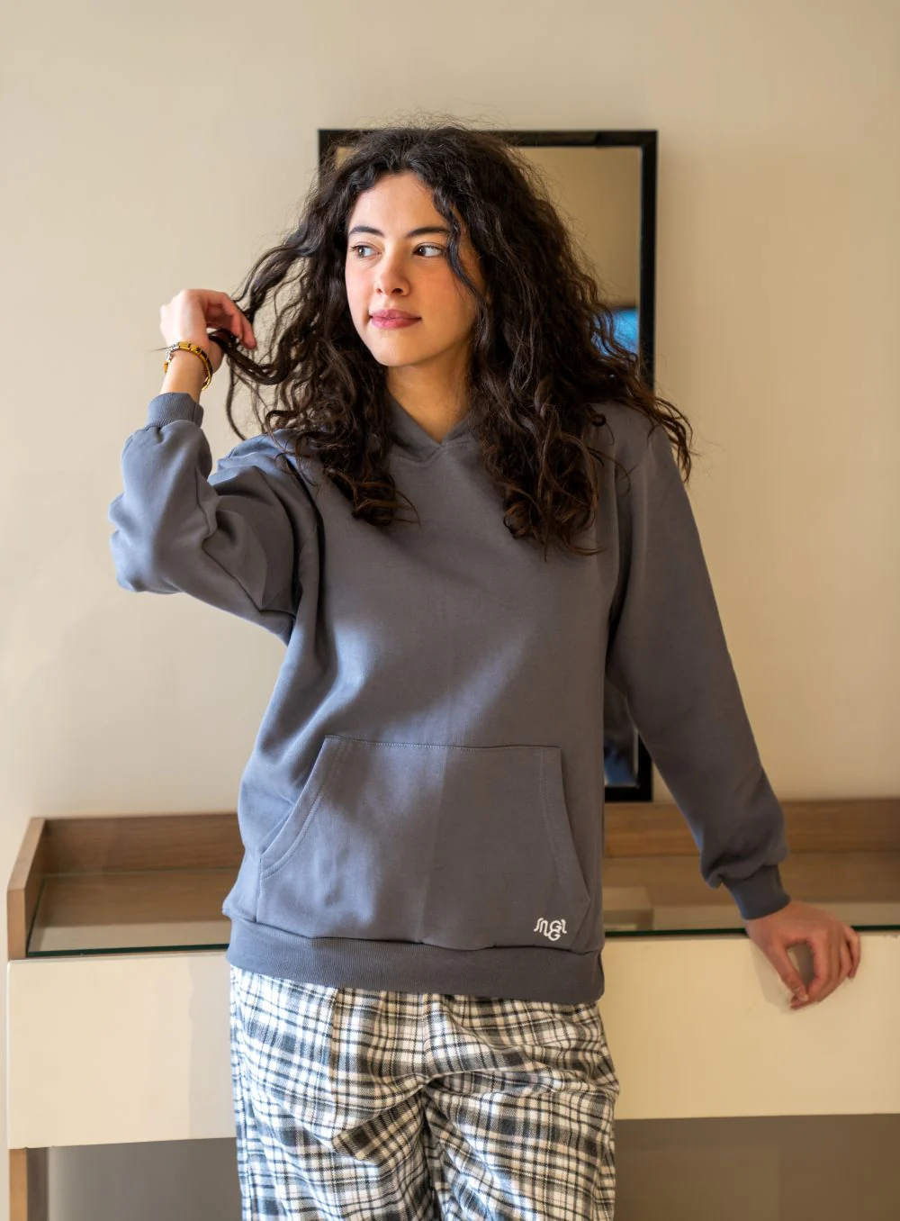 Women Winter Pajama Set Dark Grey Hoodie + Dark Grey X White Checkered  Pants - Image 4