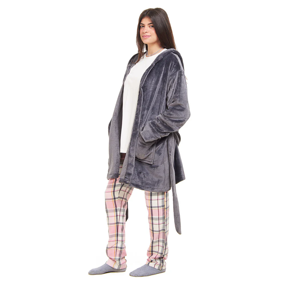 Women Winter Pajama Set Dark Grey Robe + Pink x Dark Grey Checkered Pants - Image 2
