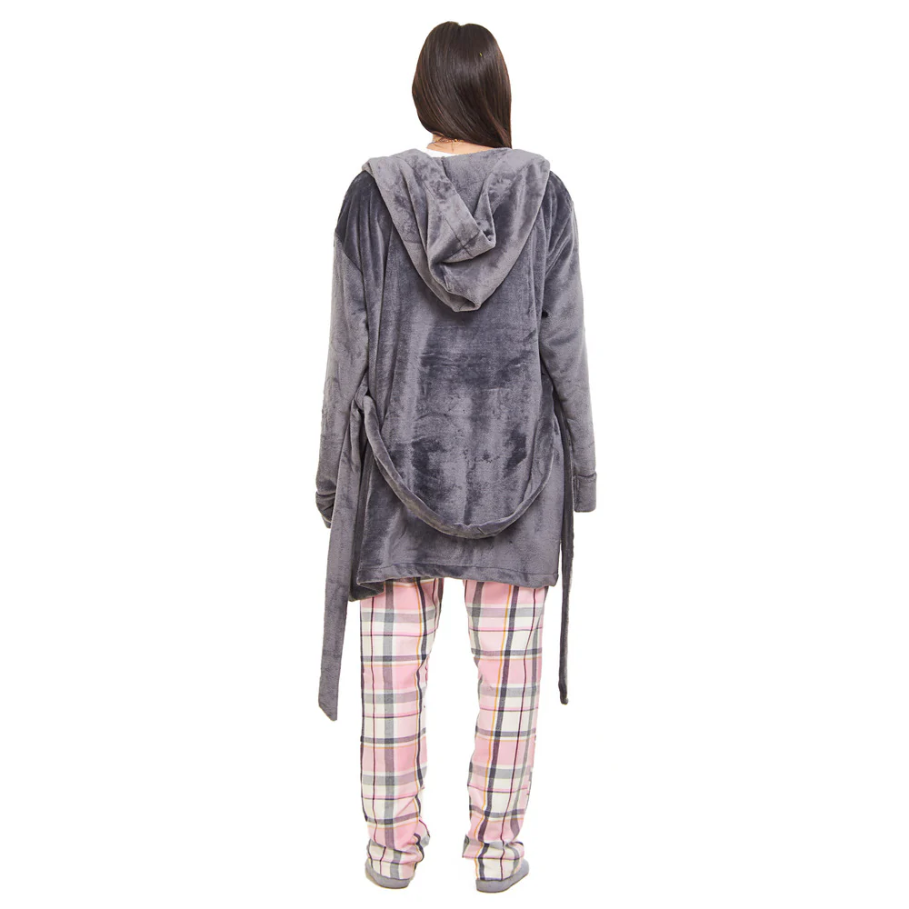 Women Winter Pajama Set Dark Grey Robe + Pink x Dark Grey Checkered Pants - Image 3