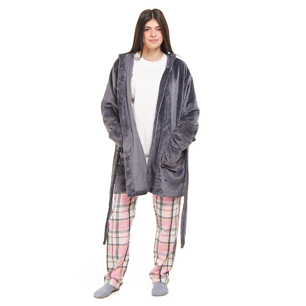 Women Winter Pajama Set Dark Grey Robe + Pink x Dark Grey Checkered Pants - Image 4